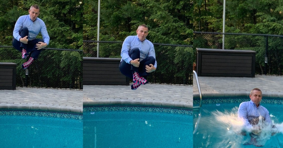 Three images of Dave doing a cannon ball into a pool wearing his business casual attire to promote his career reflection, "Why BAE Systems? Let's jump in."